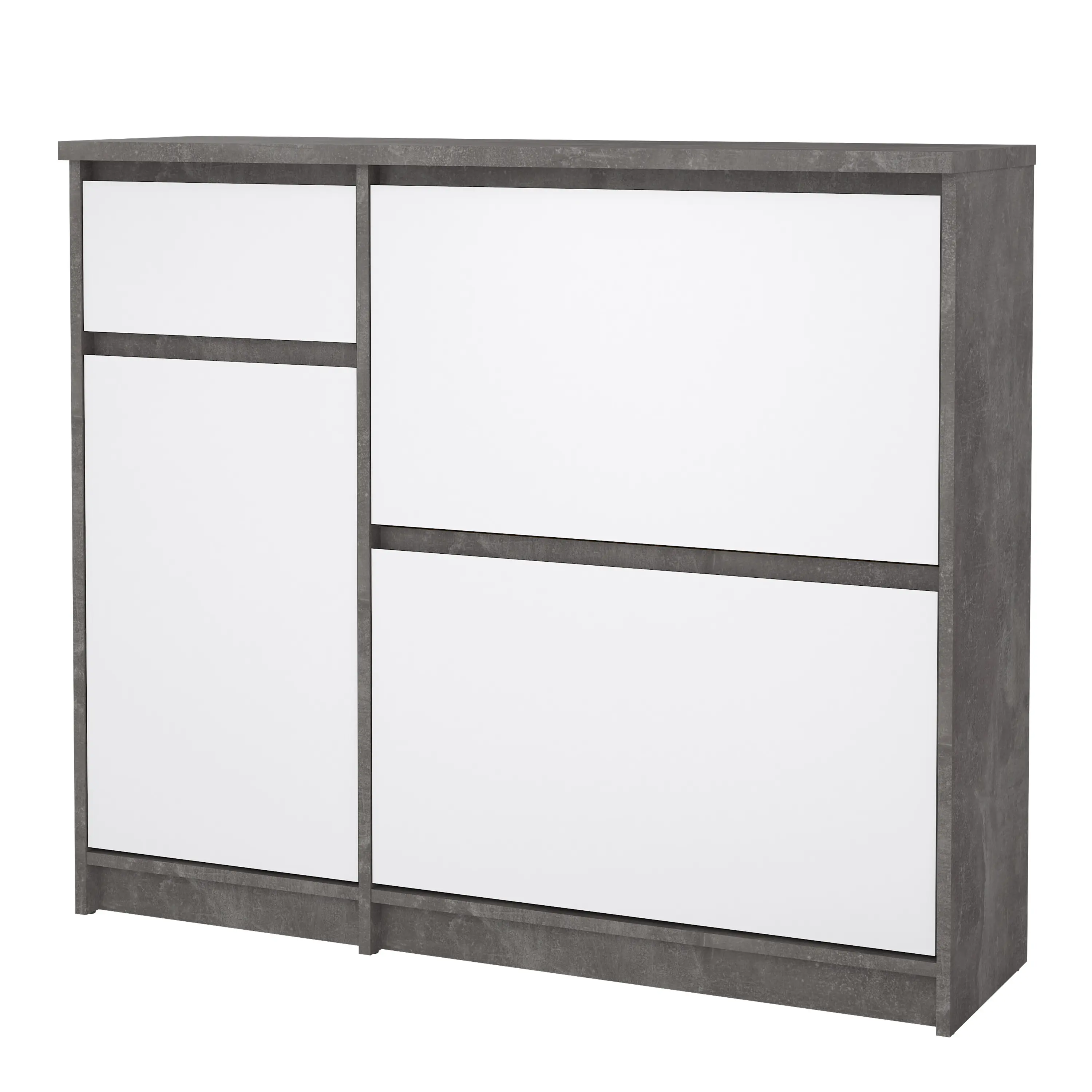 Naia Shoe Cabinet with 2 Flip Down Doors 1 Door and 1 Drawer in Concrete and White High Gloss